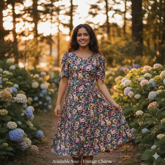 Paris Sport Club Floral Midi Dress Puff Sleeve Tie Waist Size 14 Small VTG - Picture 1 of 12